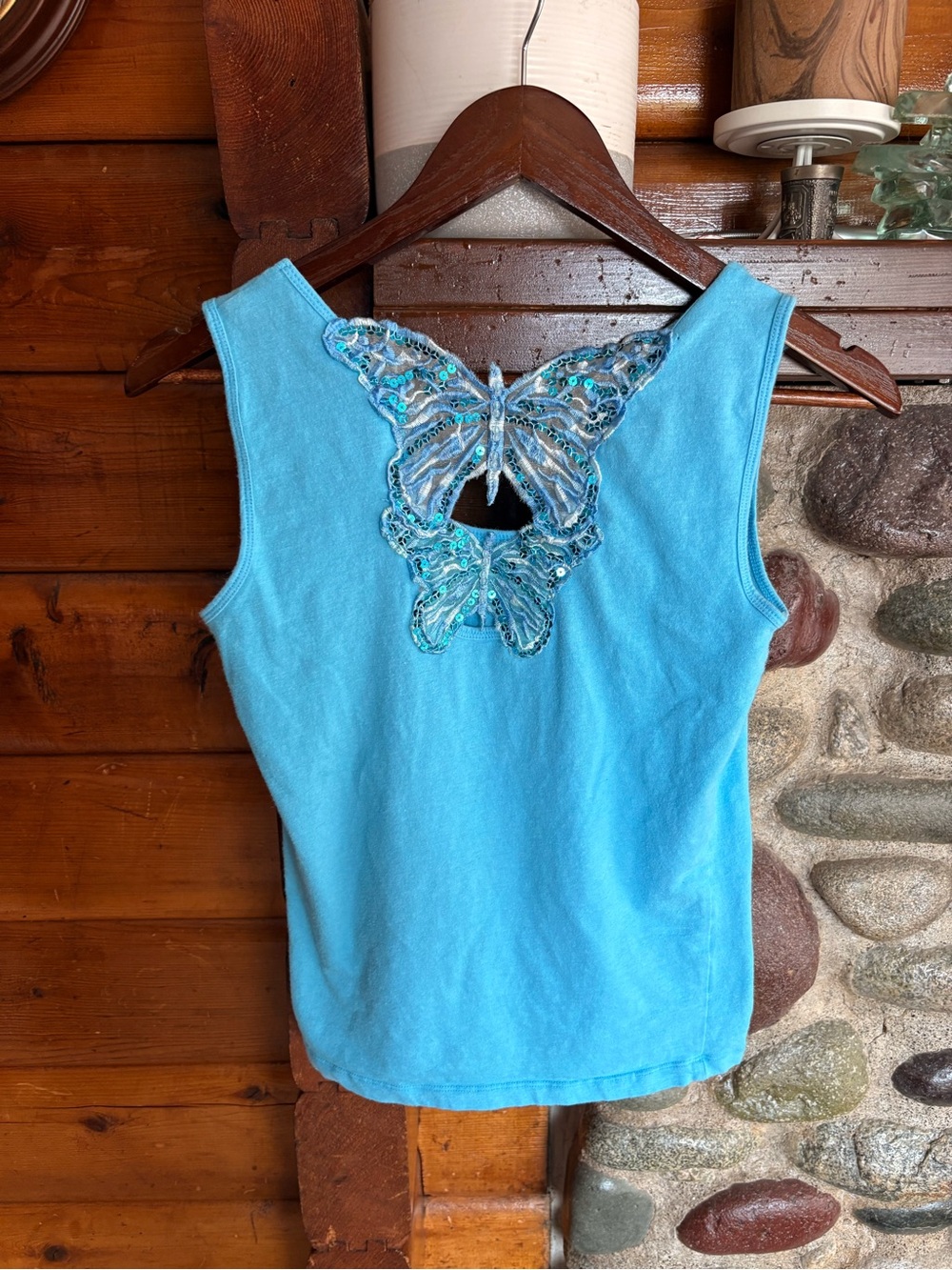 Y2K Reversible Turquoise Butterfly Sequin Cutout Tank Top Sleeveless 15.5” PTP